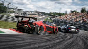 Voiture de course GT rouge et noire vue de l'arrière en sortie de virage, flammes à l'échappement, une concurrente devant elle