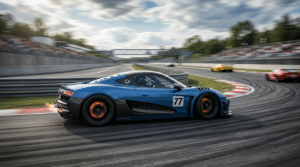 Voiture de course bleue numéro 77 en plein virage, vue de profil, deux concurrentes au loin sur la piste