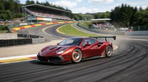 Voiture de course GT rouge à aileron en appui dans une longue courbe, tribunes et forêt en arrière plan