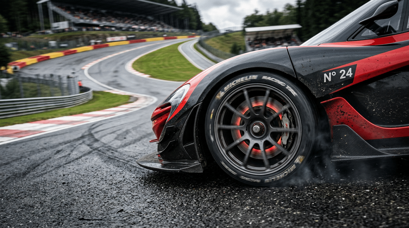 Gros plan sur la roue avant d'une voiture de course rouge et noire numéro 24, au bord d'un enchaînement de virages