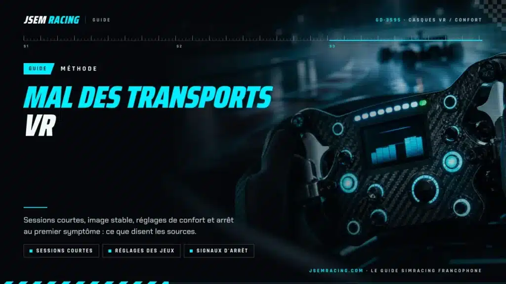 Visuel du guide jsemracing sur le mal des transports en VR : sessions courtes, réglages des jeux et signaux d'arrêt