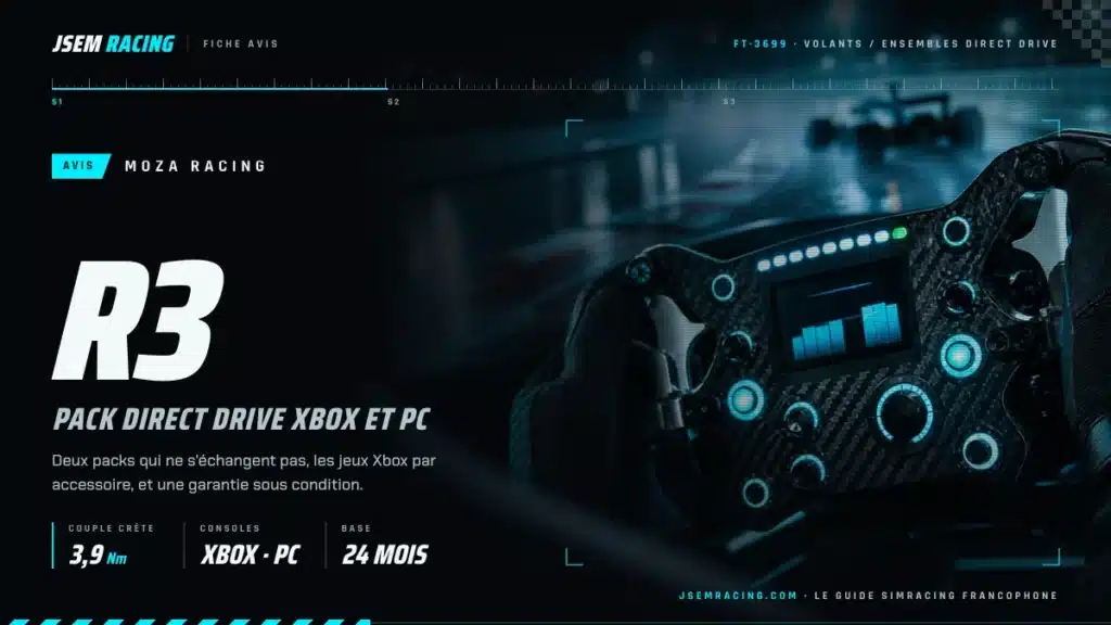Visuel de l'avis MOZA R3 : pack direct drive Xbox et PC, 3,9 Nm en crête, base garantie 24 mois
