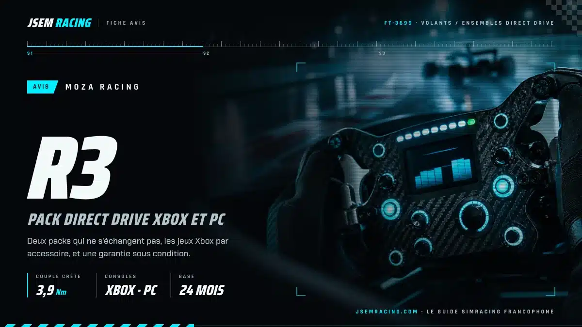 Visuel de l'avis MOZA R3 : pack direct drive Xbox et PC, 3,9 Nm en crête, base garantie 24 mois