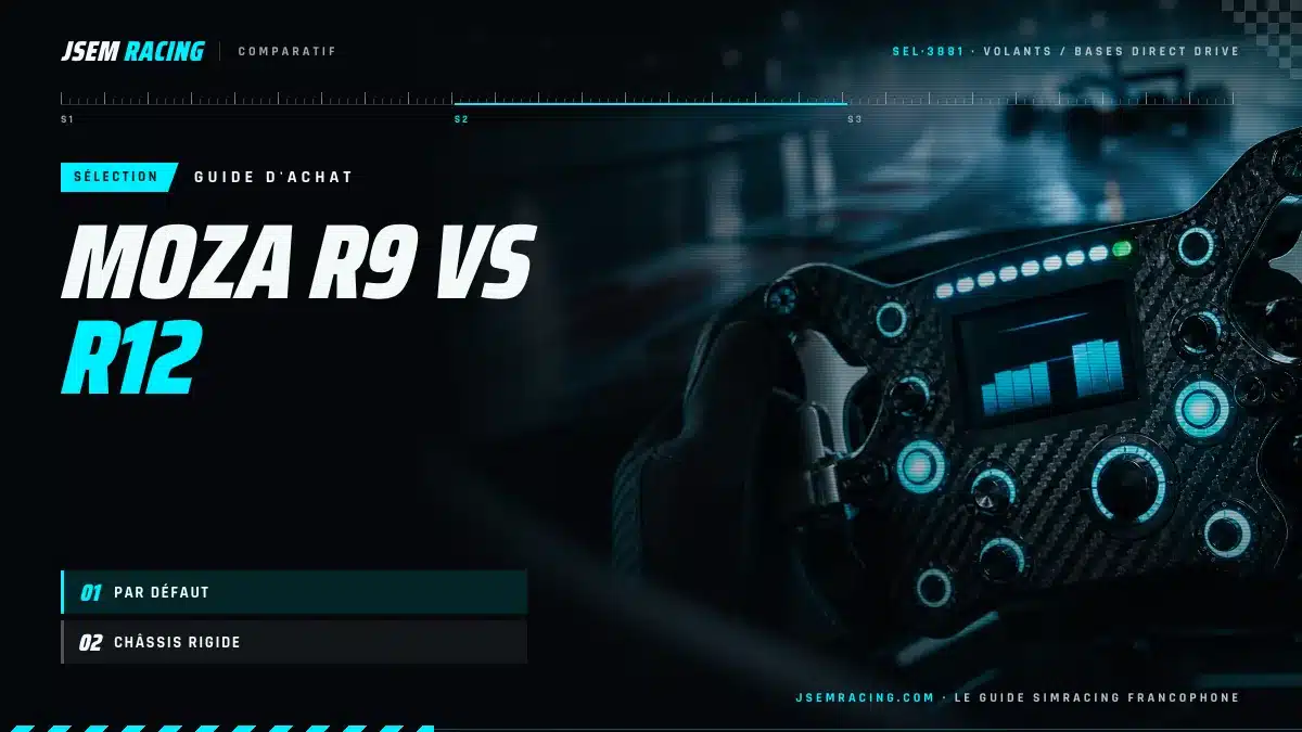 Visuel du duel MOZA R9 vs R12 avec ses deux profils, par défaut et châssis rigide, sur fond de volant à écran lumineux