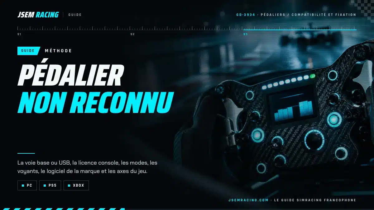 Visuel guide de méthode Pédalier non reconnu avec trois plateformes, PC, PS5 et Xbox, sur fond de volant à écran lumineux