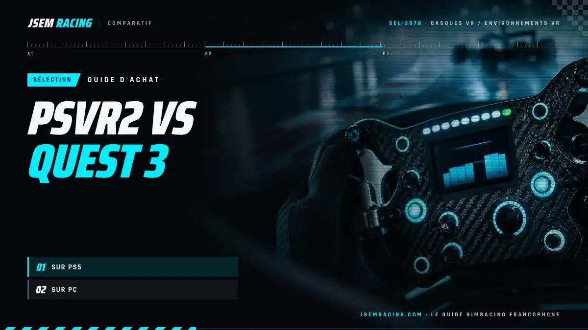 Comparatif PSVR2 vs Quest 3 pour le simracing : le PS VR2 sur PS5, le Quest 3 sur PC, devant un volant éclairé