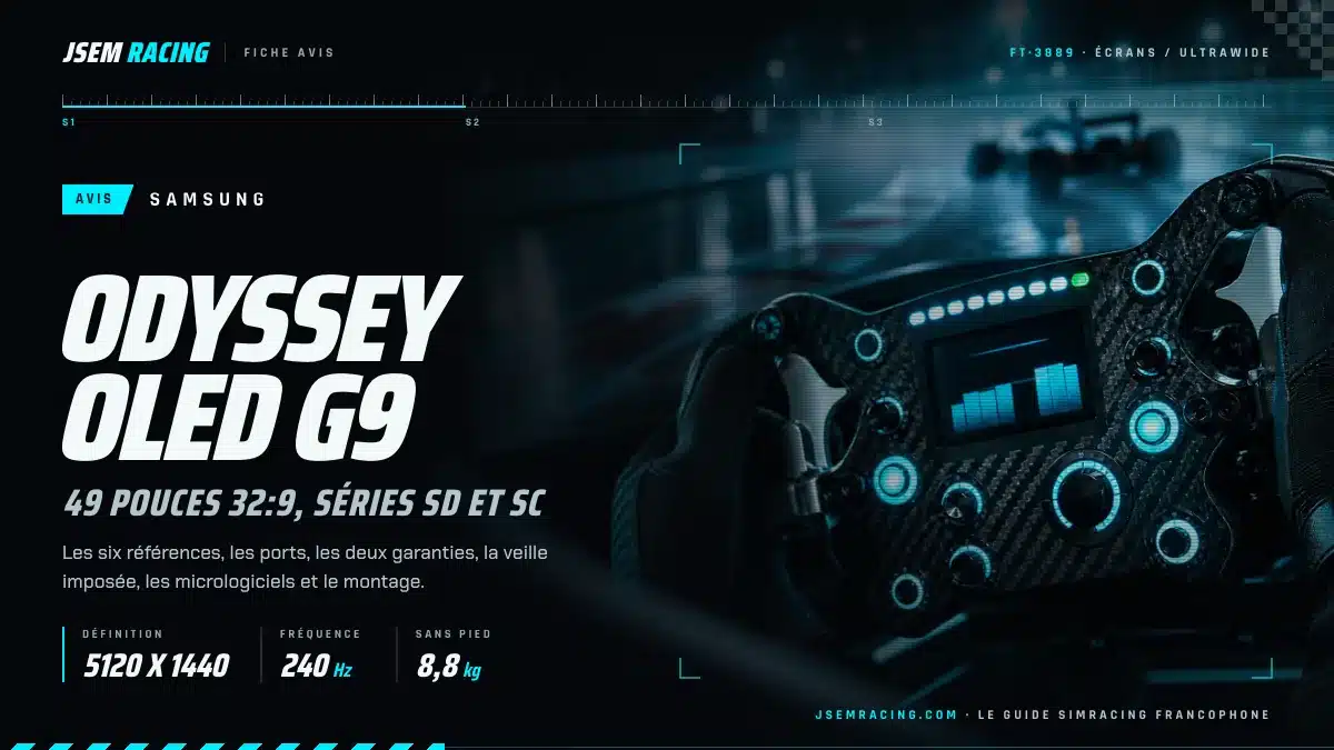 Fiche avis du Samsung Odyssey OLED G9 avec trois données clés, définition, fréquence et poids, sur fond de volant à écran