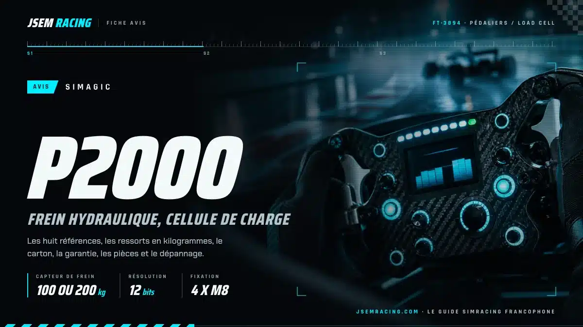 Fiche avis du pédalier Simagic P2000 avec capteur de frein, résolution et fixation, sur fond de volant à écran lumineux
