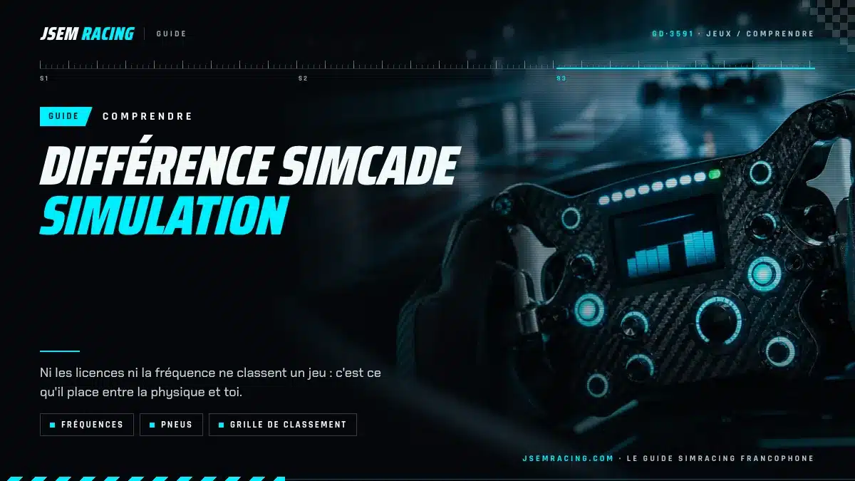 Visuel du guide jsemracing sur la différence entre simcade et simulation : fréquences, pneus et grille de classement