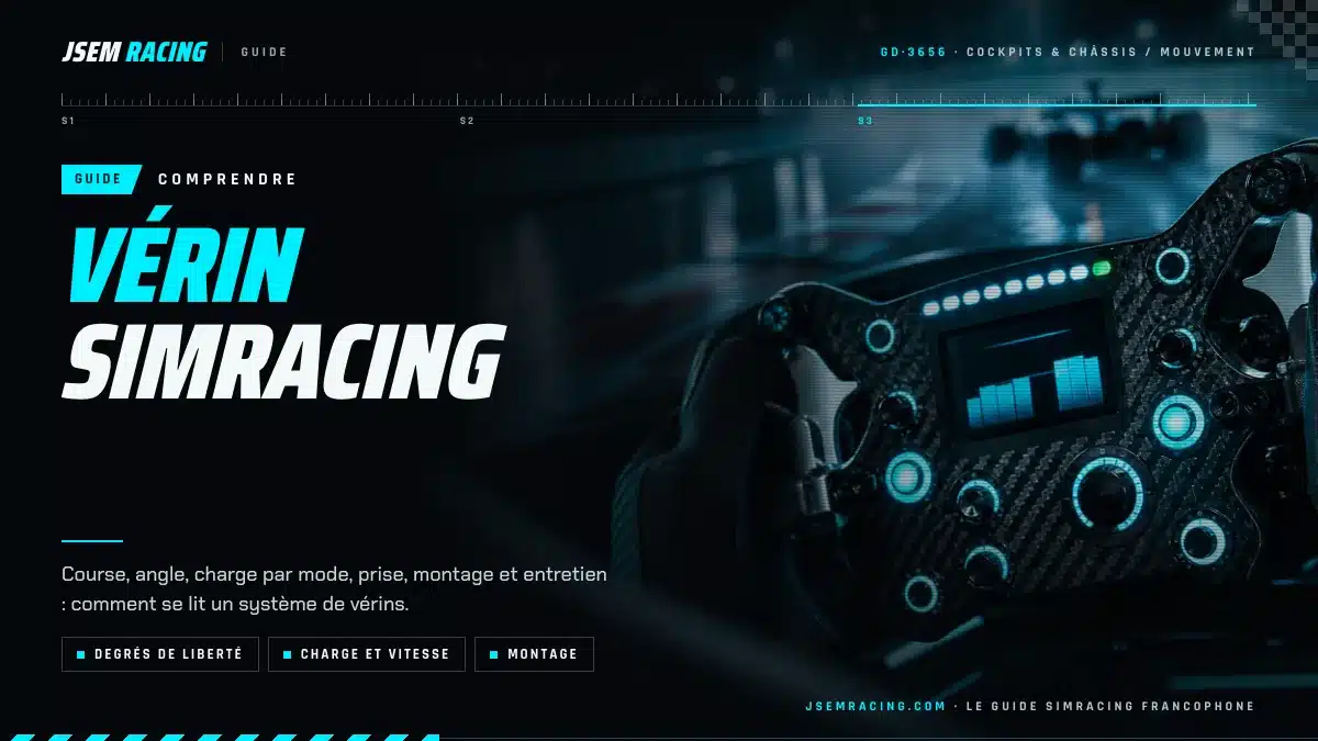 Visuel du guide vérin simracing : degrés de liberté, compromis charge et vitesse, montage sur châssis