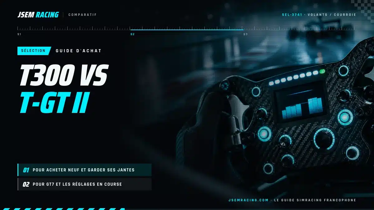 Visuel du duel Thrustmaster T300 contre T-GT II : achat neuf et jantes, ou GT7 et réglages en course
