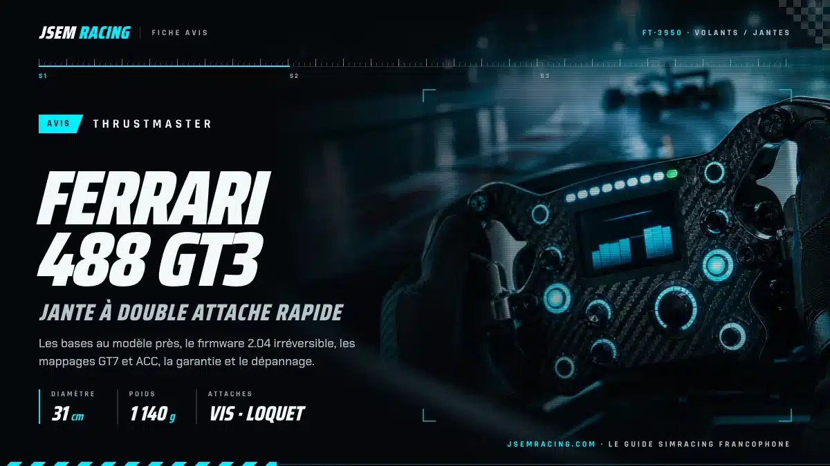 Fiche avis de la jante Thrustmaster Ferrari 488 GT3 avec diamètre, poids et attaches, sur fond de volant à écran