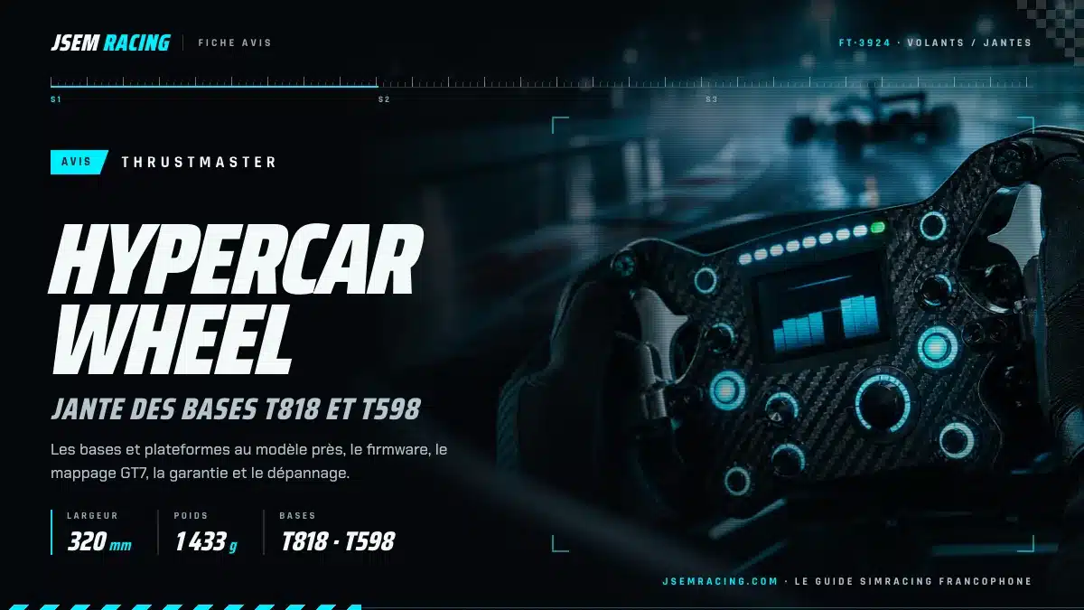 Fiche avis de la jante Thrustmaster Hypercar Wheel avec largeur, poids et bases compatibles, sur fond de volant à écran