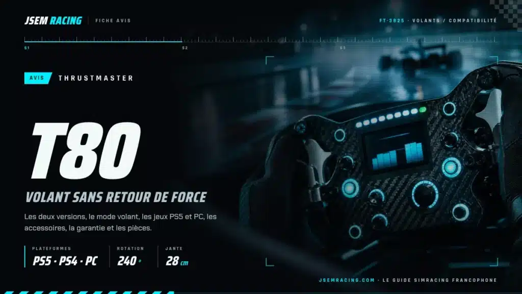 Fiche avis Thrustmaster T80, volant sans retour de force : PS5, PS4 et PC, 240°, jante de 28 cm, devant un volant éclairé