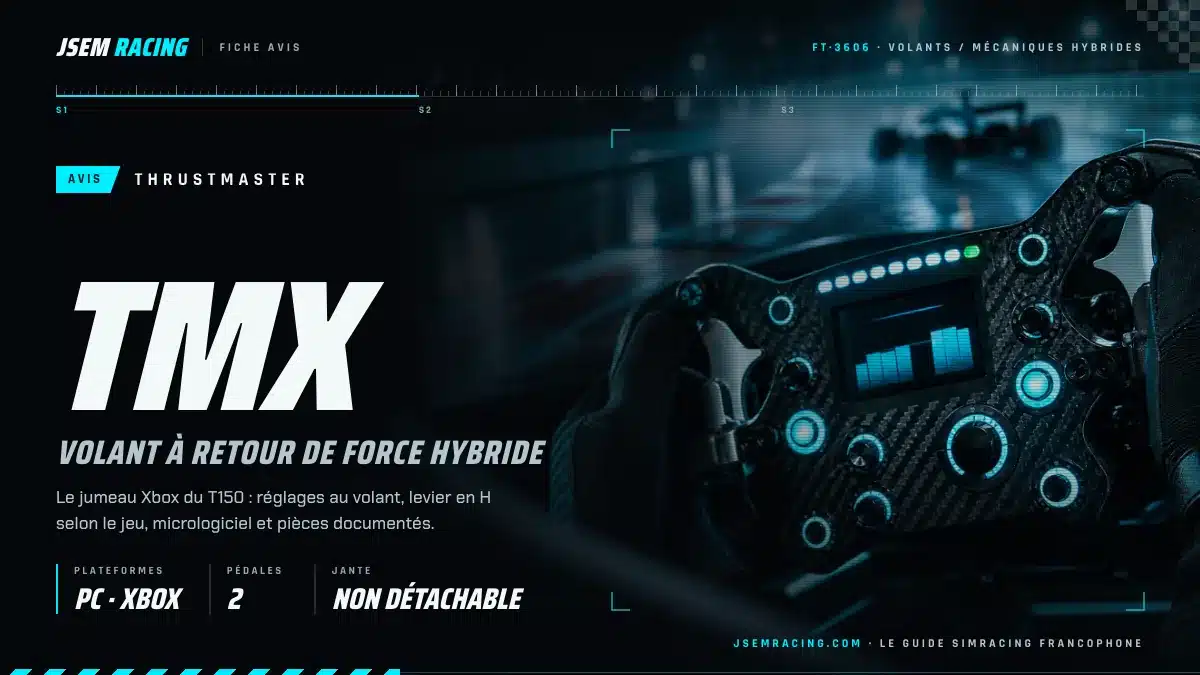 Visuel de la fiche jsemracing du volant Thrustmaster TMX : PC et Xbox, pédalier deux pédales, jante non détachable