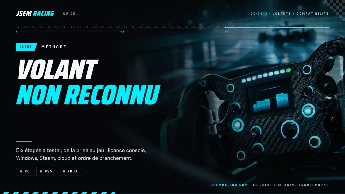 Guide méthode Volant non reconnu : dix étages à tester sur PC, PS5 et Xbox, sur fond de volant de simracing éclairé