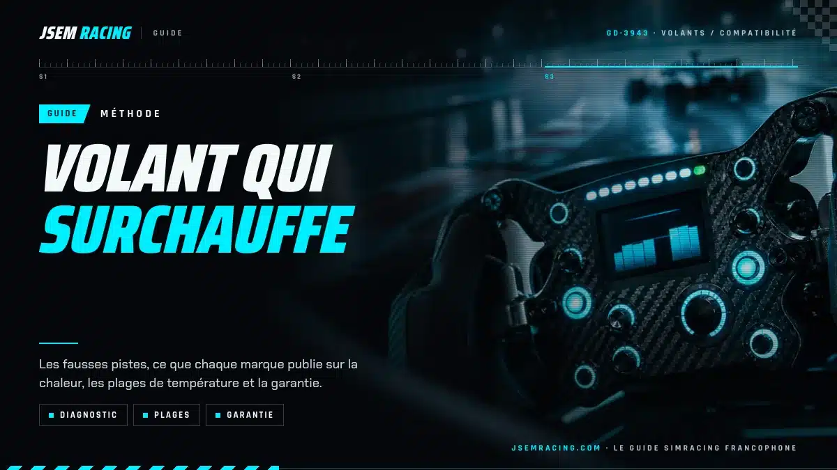 Visuel guide de méthode Volant qui surchauffe avec trois thèmes, diagnostic, plages et garantie, sur fond de volant